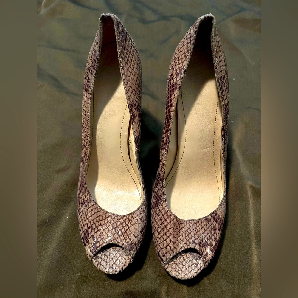 Calvin Klein Brown Snakeskin Pattern Peep-Toe Heels